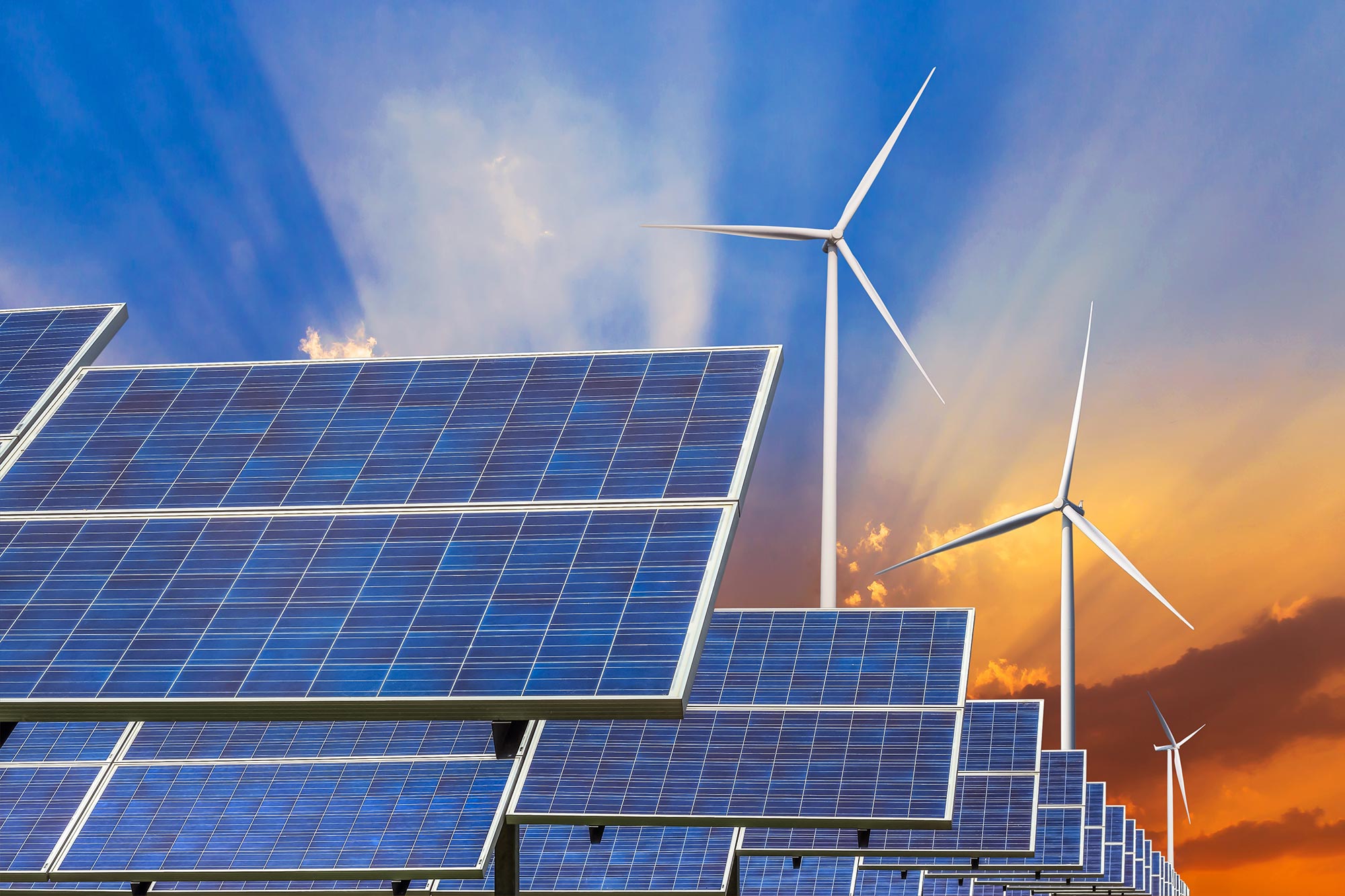 Advanced solar panels, wind turbines, energy storage systems, and smart grid technologies representing renewable energy innovation