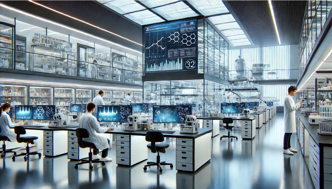 Advanced medical laboratory, genetic research, biotechnology equipment, and digital health technologies representing medical innovation